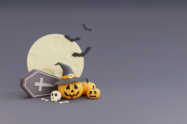 Happy Halloween concept ,Pumpkins character wearing witch hat,skull,bone,crucifix,bat,coffin.Under the moonlight.on gray background.3d rendering.