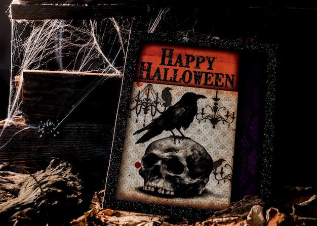 Photo happy halloween concept. trick or treat in autumn season. scary and boo symbol at night.