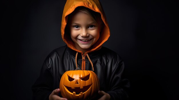 ハロウィーンの幸せなハロウィーンカボチャを持った可愛い子供