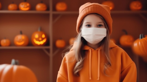 Happy Halloween Cute little girl in pumpkin costume wearing face mask protecting