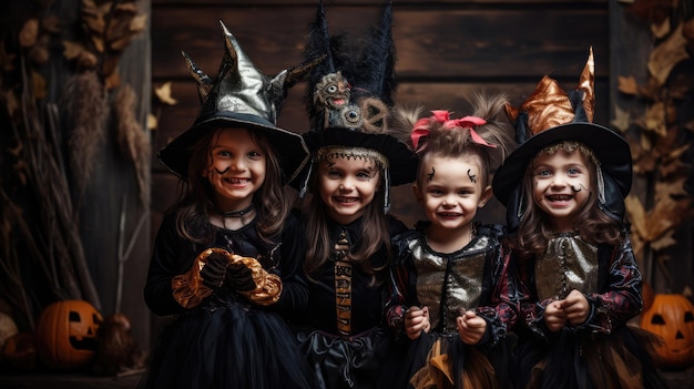 Happy Halloween Cute little girls in witch costumes celebrate Halloween