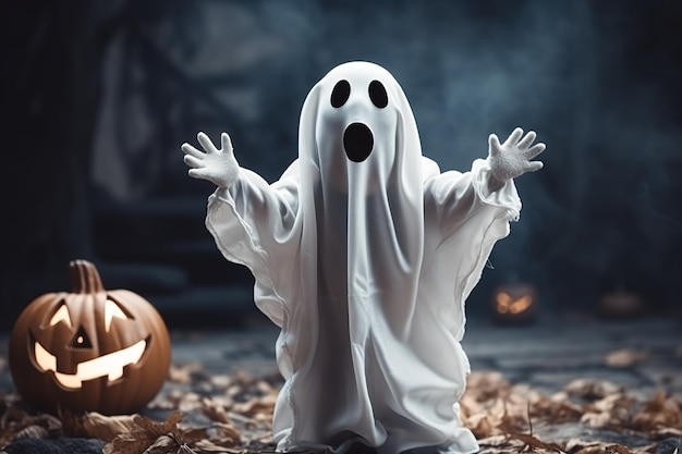 Happy Halloween Cute little kid in ghost costume on isolated background Holiday Concept