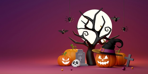 Happy halloween-dagbanner Jack O Lantern op het kerkhof op een volle maannacht 3d illustratie