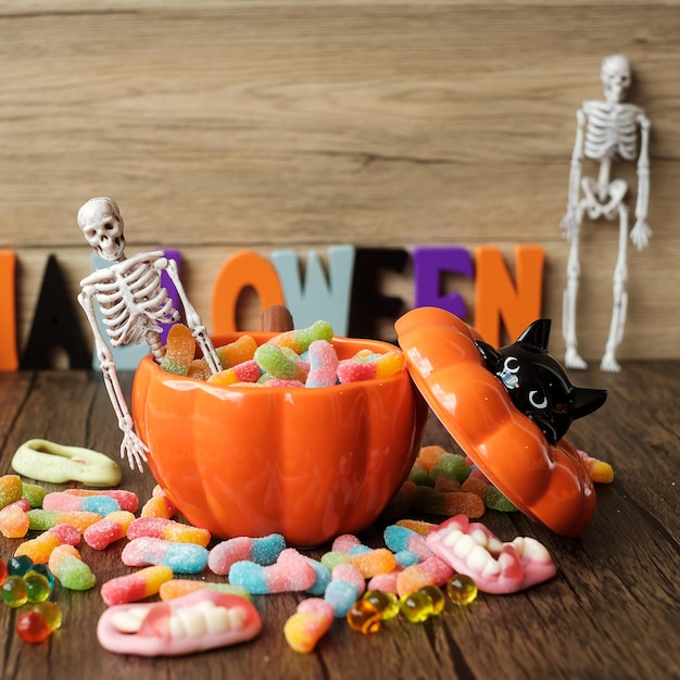 Happy Halloween day with ghost candies pumpkin bowl Jack O lantern and decorative selective focus Trick or Threat Hello October fall autumn Festive party and holiday concept