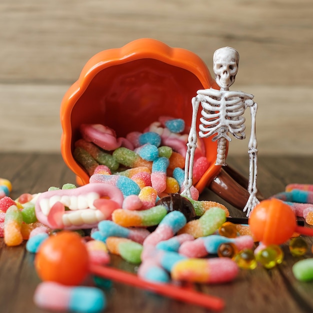 Happy Halloween day with ghost candies pumpkin bowl Jack O lantern and decorative selective focus Trick or Threat Hello October fall autumn Festive party and holiday concept