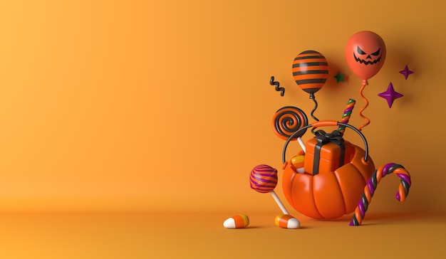 Foto fondo felice della decorazione di halloween con il pallone del contenitore di regalo della caramella del lecca-lecca del cestino della zucca 3d