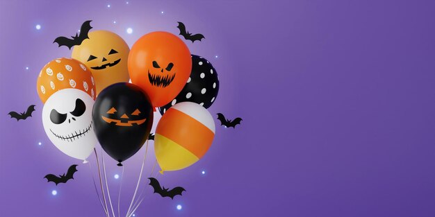 Фото Счастливого праздника хэллоуина. хэллоуинский шар с летучей мышью на фиолетовом фоне. концепция хэллоуина. традиционный октябрьский праздник. скопировать пространство. 3д рендер..