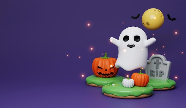 Photo happy halloween festive. halloween white ghost cute smile face. 3d cartoon style. holiday hallows' eve or saints' eve. copy space. 3d render..