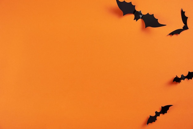 오렌지 배경 휴일 개념 구성 상위 뷰 복사 공간에 검은 박쥐와 해피 할로윈 플랫 누워 모형