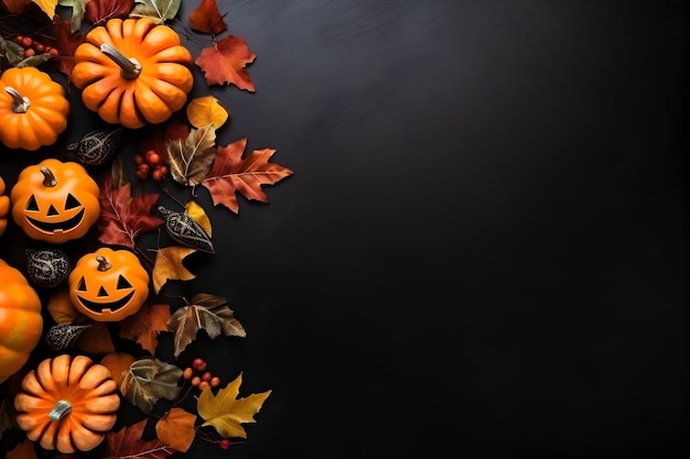 Happy halloween flat lay mockup with pumpkins and leaves on black background autumn composition