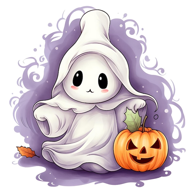 Foto fantasma di halloween felice fantasma carino con zucca spooky season halloween boo cartoon illustration