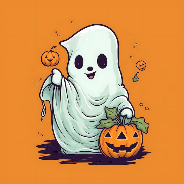 Happy Halloween Ghost Cute Ghost with Pumpkin Spooky Season Halloween Boo Cartoon Illustration