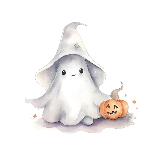 Happy Halloween Ghost Cute Ghost with Pumpkin Spooky Season Halloween Boo Cartoon Illustration