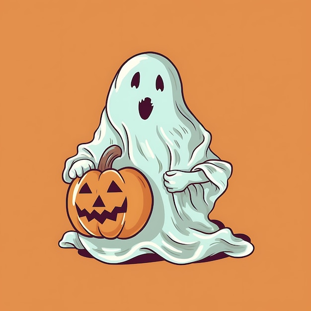 Happy halloween ghost cute ghost with pumpkin spooky season halloween boo cartoon illustration