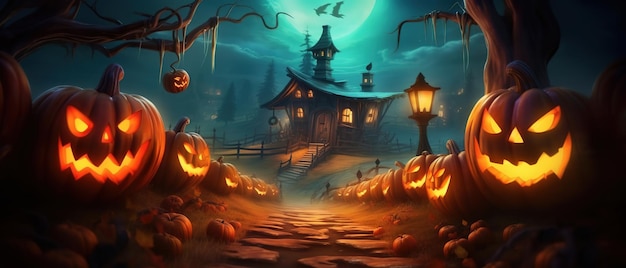 Happy Halloween Halloween-pompoenen Krans van halloween Heks met hoed Ai gegenereerd