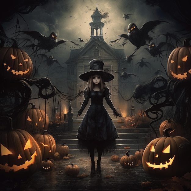 Happy Halloween Halloween pumpkins Wreath of halloween Witch wearing hat Ai Generated