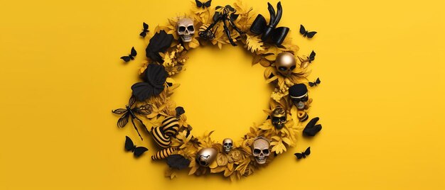 Happy halloween halloween pumpkins wreath of halloween witch wearing hat ai generated