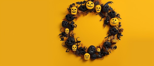 Happy halloween halloween pumpkins wreath of halloween witch wearing hat ai generated