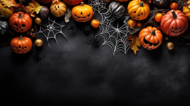 Happy Halloween holiday concept Halloween decorations on dark wooden background Flat lay top view