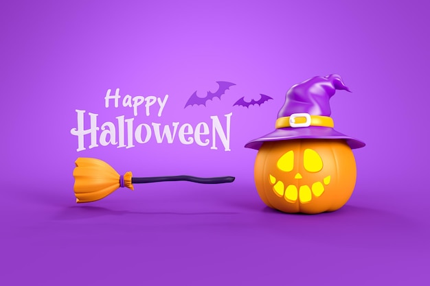 Happy halloween holiday party composition with jack o' lantern pumpkin witch hat broom bat