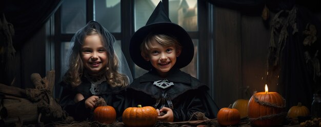 Happy Halloween Kinderen in Carnaval-kostuums Enge Halloween-nacht Generatieve ai