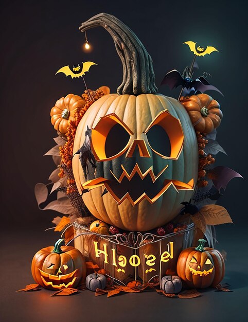 happy halloween lettering pumpkins on graveyard tree and bats generative by Ai 08