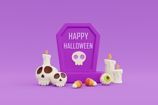Happy Halloween met ernstige schedel kaars en snoepjes op paarse achtergrond traditionele oktober vakantie 3D-rendering