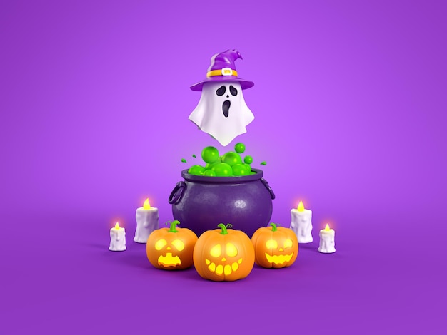 Happy Halloween met JackoLantern pompoenen kaarsen heks ketel en spook op paarse achtergrond