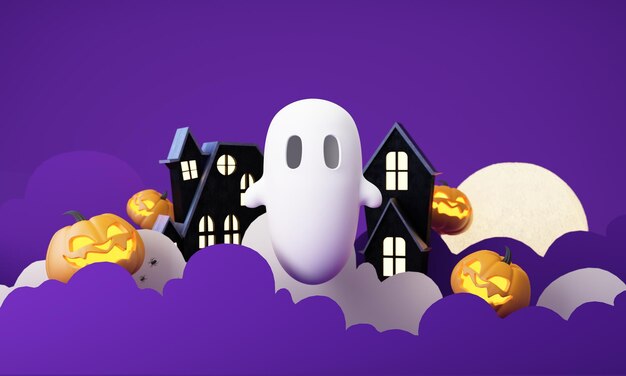 Happy halloween party posters set with night clouds and pumpkins in cartoon illustration full moon and boo ghost with haunted house place for text brochure background 3d render cartoon character