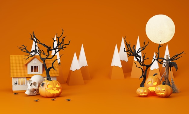 Happy halloween party posters set with night clouds and pumpkins in cartoon illustration full moon witch cauldron spiders web and skull place for text brochure background 3d render