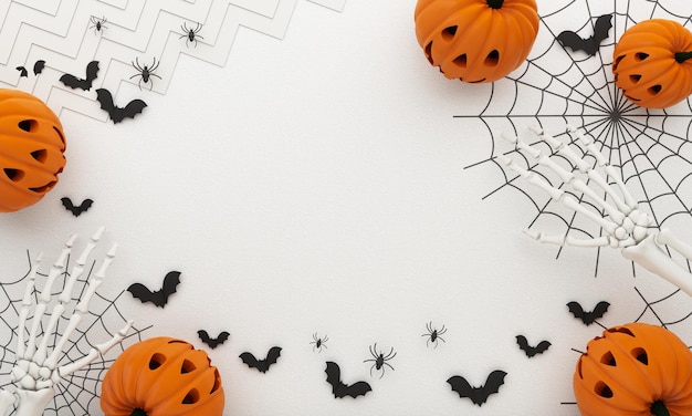 Happy halloween party posters with spider web bat with pumpkins
in cartoon illustration full moon and boo ghost with human hand and
head skeleton concrete texture top view background 3d
rendering