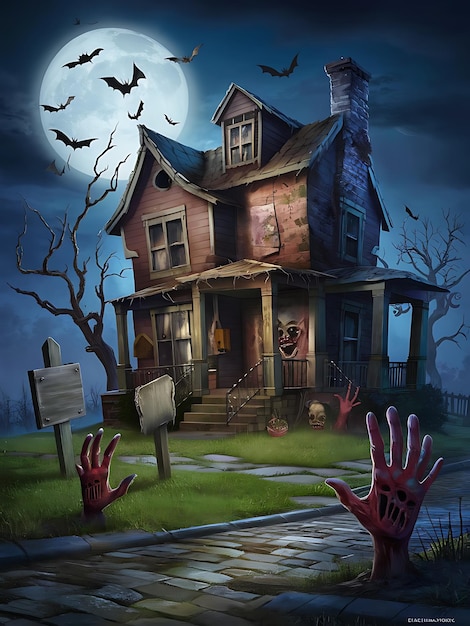 happy halloween photo of night sky and a zombie home in background
