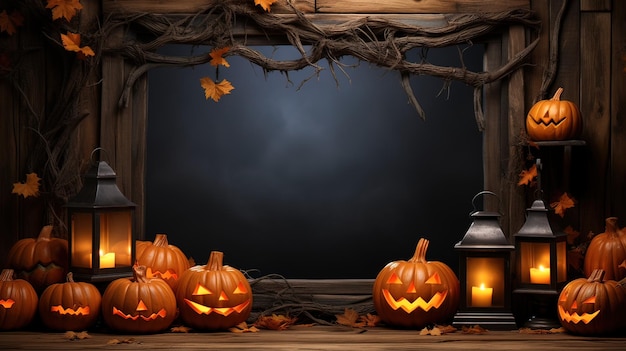 Happy halloween plat lag mockup met spinnendecoratie en spinnenweb op zwarte achtergrond