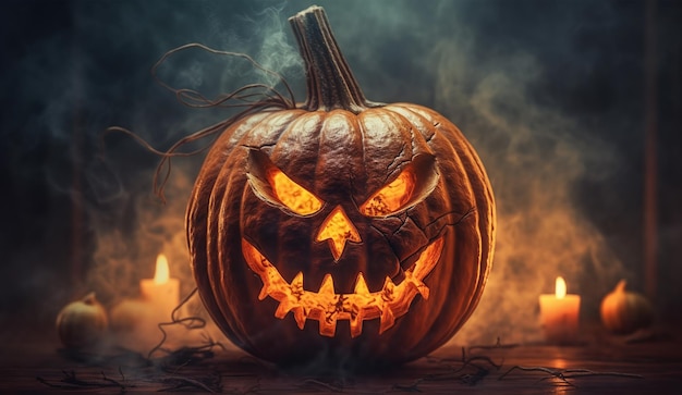 Happy Halloween-pompoenposter met eng gezicht met een fantastische achtergrond