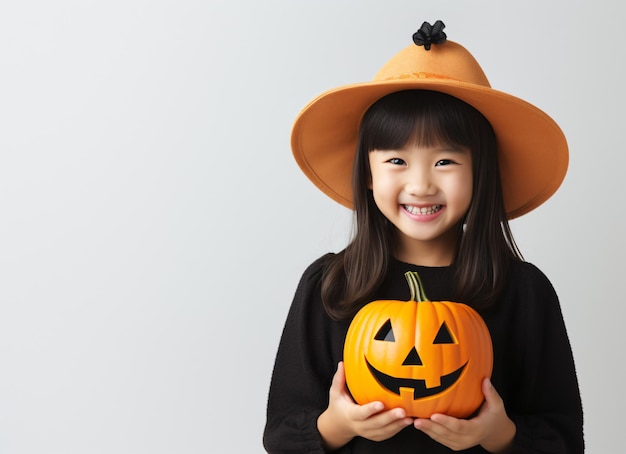 帽子と黒い衣装を着た魔女のハッピーハロウィーンのポートレート