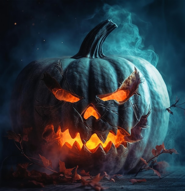 Happy Halloween pumpkin poster with scary face with a fantastic background