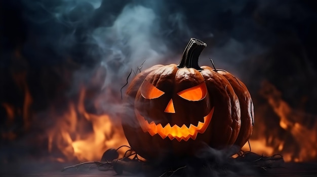 Happy halloween pumpkin with smoke on dark bg realistic image