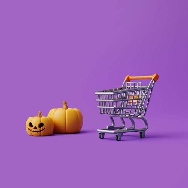 Happy Halloween sale with Jack o Lantern pumpkins and shopping cart on purple background 3D render