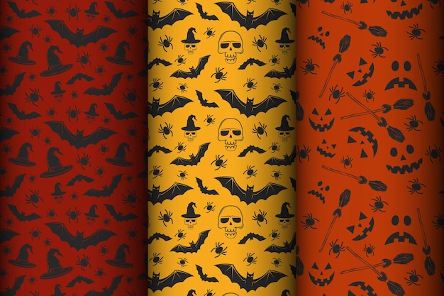 ハッピーハロウィーン伝統的な休日のシンボル、頭蓋骨、コウモリ、カボチャ、幽霊、クモ、ウェブとのシームレスなパターンのセット パターンのベクトル コレクション