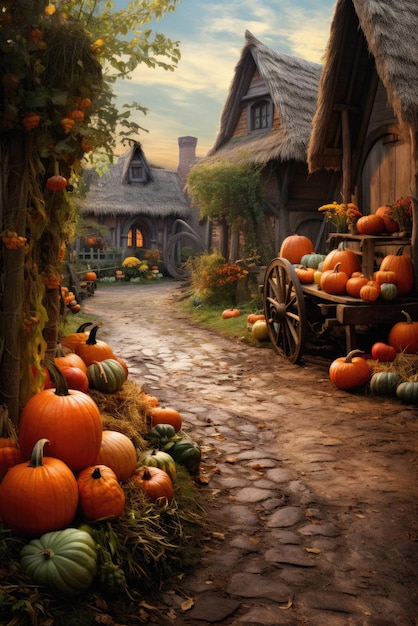 Happy halloween spooky background scary pumpkins in creepy old house garden