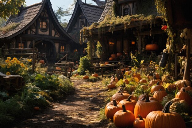 Happy halloween spooky background scary pumpkins in creepy old house garden