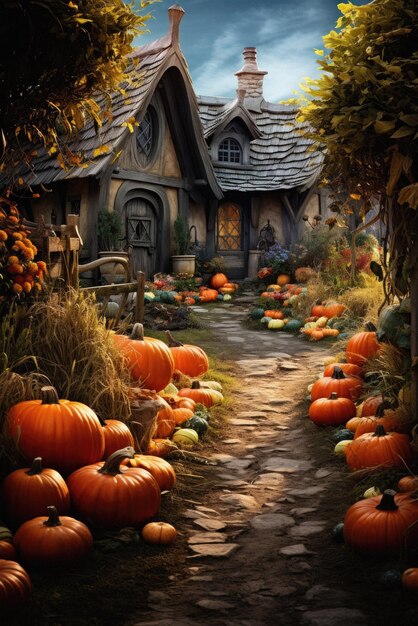 Happy halloween spooky background scary pumpkins in creepy old house garden