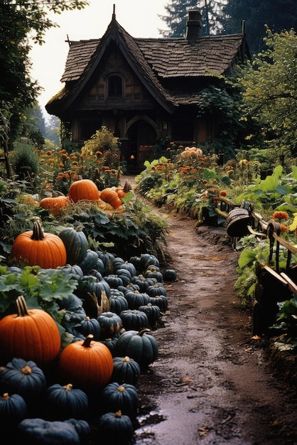 Happy halloween spooky background scary pumpkins in creepy old house garden