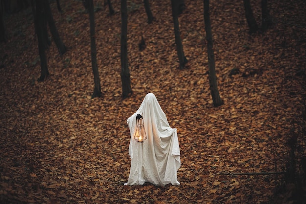 ハッピーハロウィーン不気味な幽霊不気味な暗い秋の森で光るランタンを保持している人夕方の秋の森で光を持つ幽霊として白いシートを着た人ブー ホラー タイム
