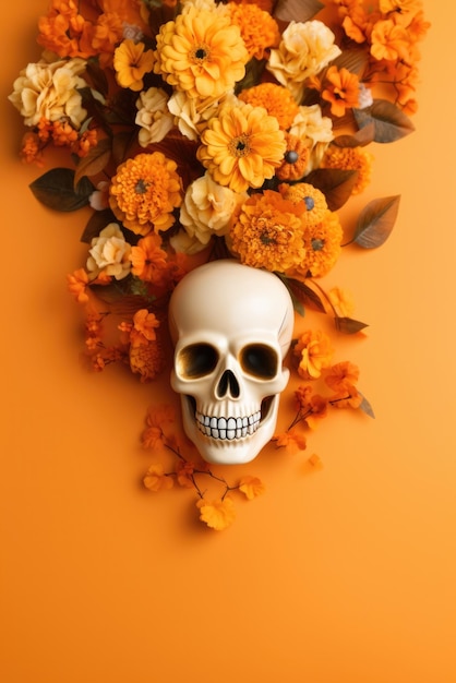 Happy halloween spooky scary background with skull and flowers flat lay