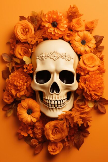 Happy halloween spooky scary background with skull and flowers flat lay