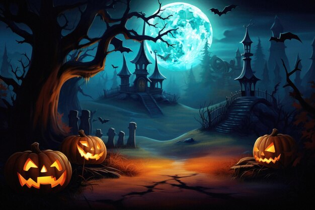 Happy halloween spooky scary moon night scene horror landscape background