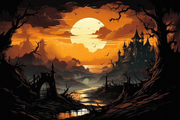 Happy halloween spooky scary moon night scene horror landscape background