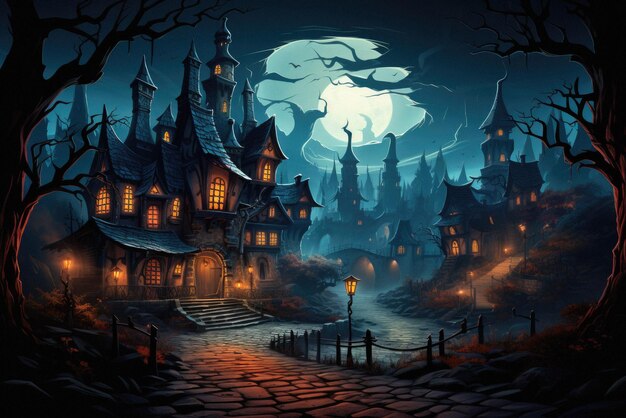 ハッピーハロウィーンの不気味な怖い月の夜景ホラー風景の背景