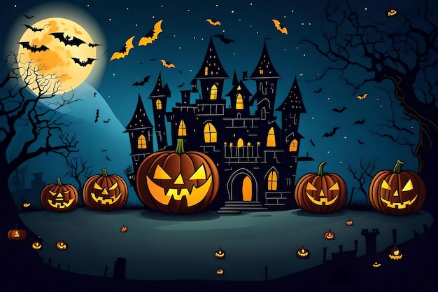 Happy Halloween Template Hand Drawn Cartoon Flat Illustration with Pumpkins Bats and Dark Castle